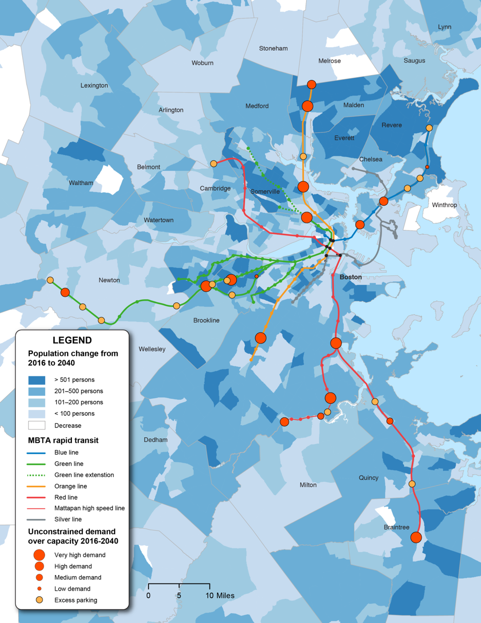 Figure 2: Rapid Transit – 2040 No-Build Scenario:  Parking Demand over Existing Capacity
Figure 2 is a map of eastern Massachusetts that depicts the projected change in population for municipalities from 2016 to 2040. An overlay shows the active and proposed MBTA rapid transit lines. Another overlay shows the amount of demand (from low to very high) for parking at rapid transit stations, as well as stations with excess parking, for the period from 2016 to 2040.
